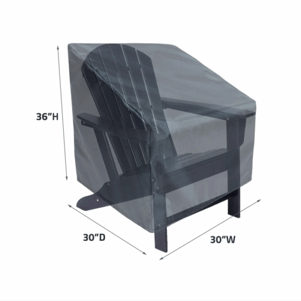 A High Back Chair Cover in grey (36 H x 30 W x 30 D) protects a black Adirondack chair, which is partially visible through the cover.