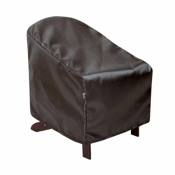 The Lounge Chair Cover, in brown with a smooth, slightly glossy surface, fits snugly over a patio chair and provides complete protection by fully shielding it from view.