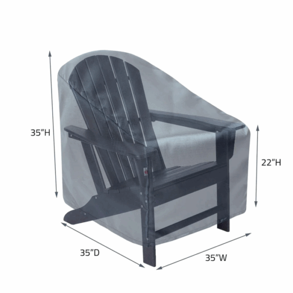 A Lounge Chair Cover in gray fits a black Adirondack chair, covering 35H, 22H at arm, 35D, and 35W.