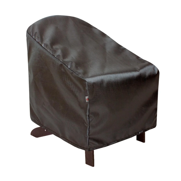 The Large Lounge Chair Cover, in dark brown, fits over a single outdoor chair with exposed wooden legs to protect it from dust and weather.
