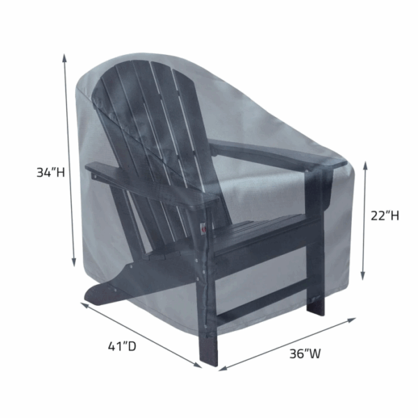 A black Adirondack chair is shown with the Large Lounge Chair Cover. Arrows indicate dimensions: 34 high, 41 deep, 36 wide, and armrest height of 22. The cover is transparent for clear visibility of the chair.