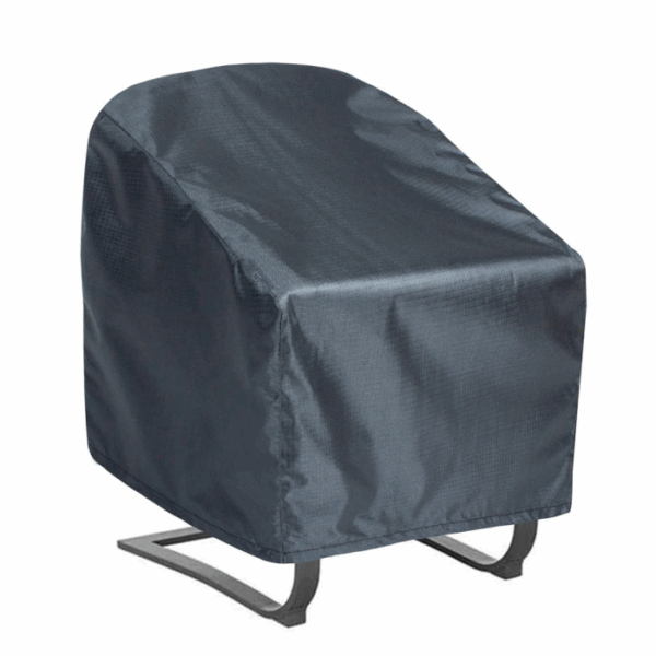 An Extra Large Lounge Chair Cover in dark gray, weather-resistant material is draped over an outdoor patio chair, fully covering it except for the exposed metal base. The background is plain white.