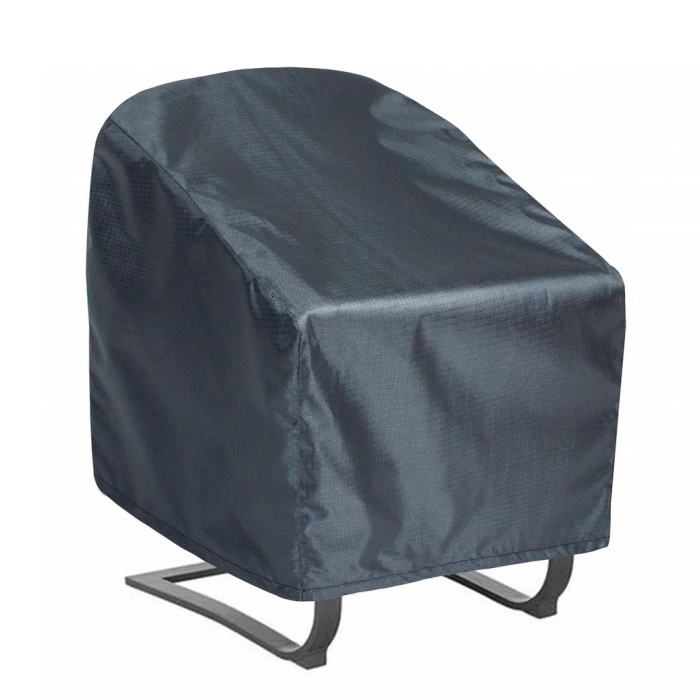 An Extra Large Lounge Chair Cover in dark gray, weather-resistant material is draped over an outdoor patio chair, fully covering it except for the exposed metal base. The background is plain white.