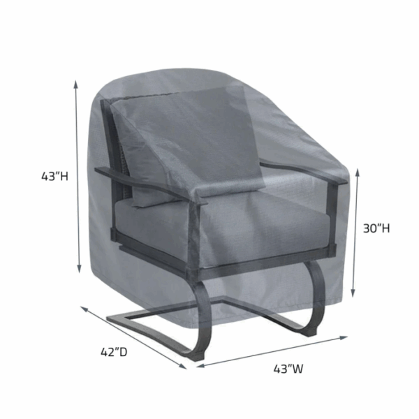 An Extra Large Lounge Chair Cover in gray is placed over a cushioned, metal-base patio chair. Dimensions: 43W x 43H (cover), 30H (chair back), and 42D.