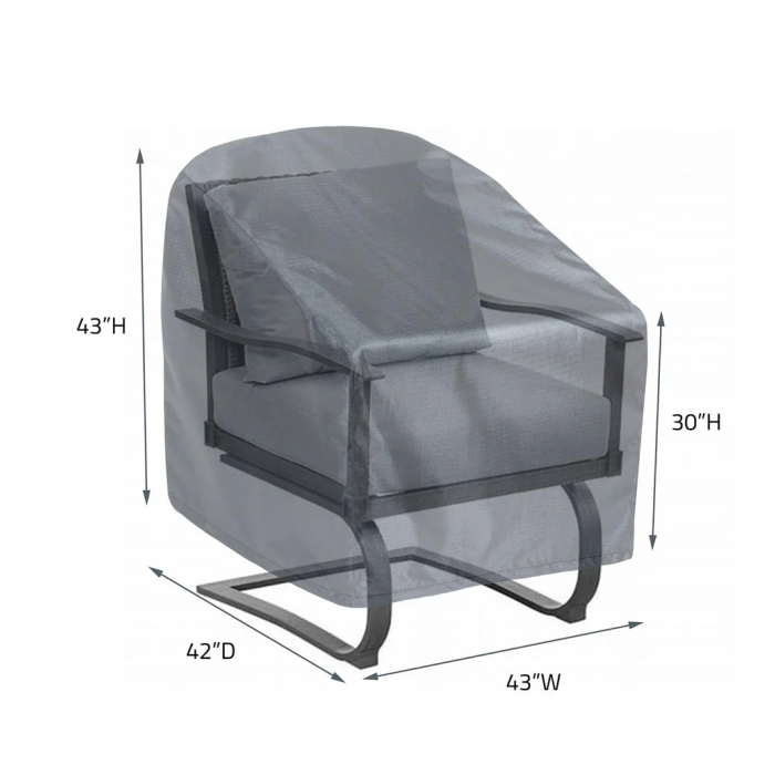 An Extra Large Lounge Chair Cover in gray is placed over a cushioned, metal-base patio chair. Dimensions: 43W x 43H (cover), 30H (chair back), and 42D.