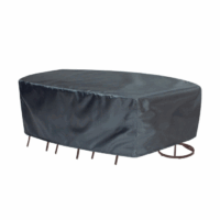 An Extra Large Oval/Rectangle Table Cover in black fits snugly over a patio table and chairs, draping over the sides to protect the furniture from the elements.