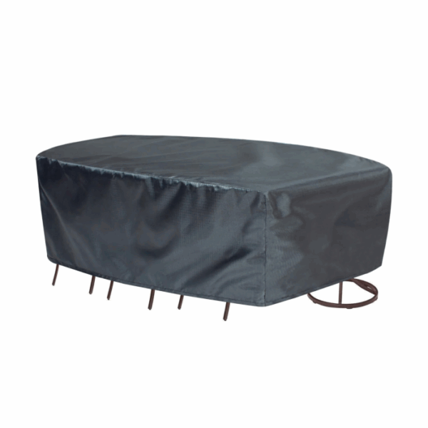 An Extra Large Oval/Rectangle Table Cover in black fits snugly over a patio table and chairs, draping over the sides to protect the furniture from the elements.