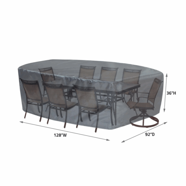The Extra Large Oval/Rectangle Table Cover fits an outdoor dining set with eight chairs and a rectangular table, measuring 128 W x 92 D x 36 H. Transparent cover shown with measurement arrows.