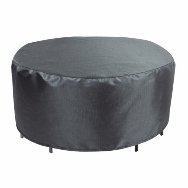 A 48 Round/Square Table Cover protects a round, black outdoor ottoman or table. The fitted, weather-resistant cover is smooth and slightly shiny, shielding the furniture, which stands on short black legs.