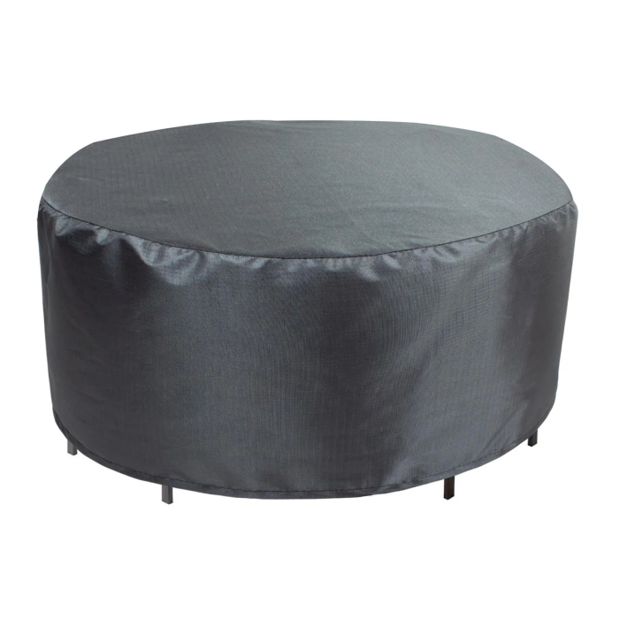 A 48 Round/Square Table Cover protects a round, black outdoor ottoman or table. The fitted, weather-resistant cover is smooth and slightly shiny, shielding the furniture, which stands on short black legs.