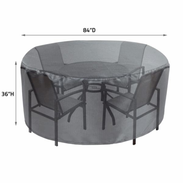 A transparent 48 Round/Square Table Cover that protects patio tables with four chairs underneath.