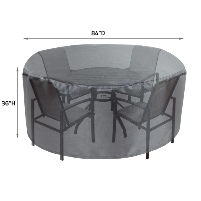 A transparent 48 Round/Square Table Cover that protects patio tables with four chairs underneath.