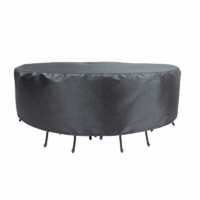 The 54 Round/Square Table Cover is a black outdoor cover designed to protect circular tables and chairs from the elements.