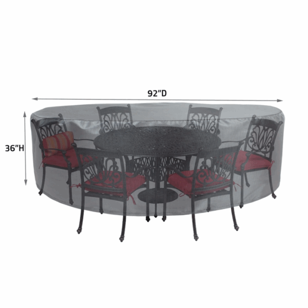 A 54 round patio table and six chairs with red cushions, all protected by a 54 Round/Square Table Cover measuring 92 in diameter and 36 in height.