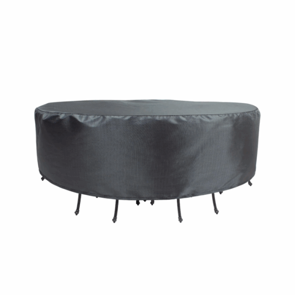 The 60 Round/Square Table Cover shields patio tables and chairs from outdoor elements with a protective black cover.