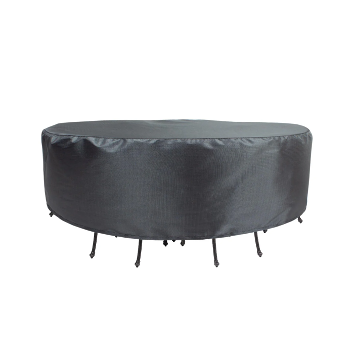 The 60 Round/Square Table Cover shields patio tables and chairs from outdoor elements with a protective black cover.