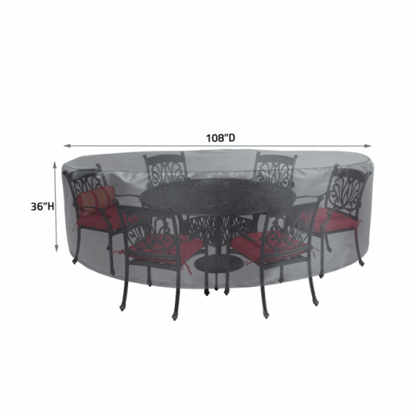 A 60 Round/Square Table Cover protects a round patio table with ornate metal chairs, each featuring a red cushion. The transparent cover measures 108 in diameter and 36 high.