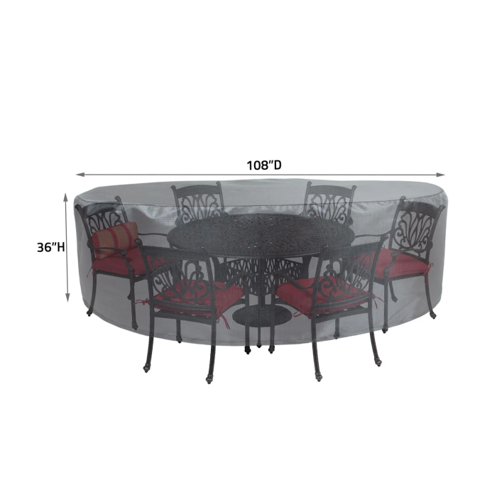 A 60 Round/Square Table Cover protects a round patio table with ornate metal chairs, each featuring a red cushion. The transparent cover measures 108 in diameter and 36 high.