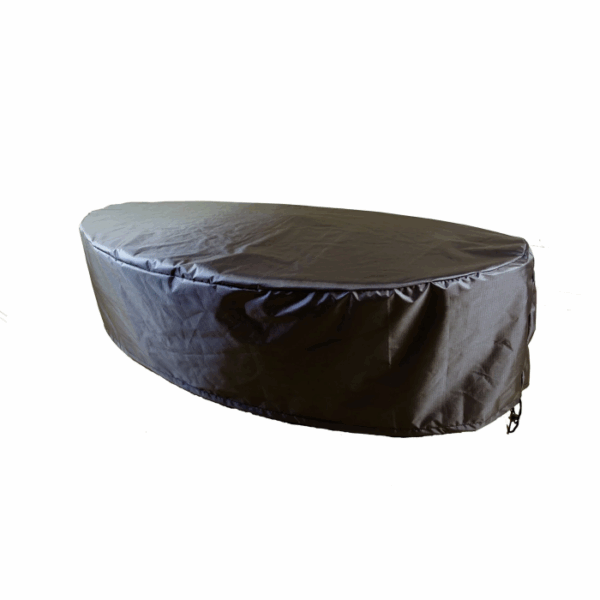 A black, fitted Small Rectangle Table Cover is placed over an oval-shaped object, likely outdoor furniture or equipment, against a plain white background.