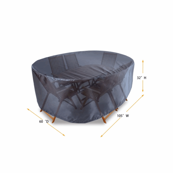 The Small Rectangle Table Cover fits over a patio table and chairs, measuring 105 wide, 60 deep, and 32 high.