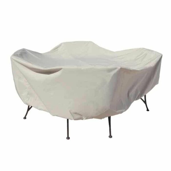 A beige protective cover with ties fits over a 48 round table and chairs set, shielding the outdoor furniture from the elements.