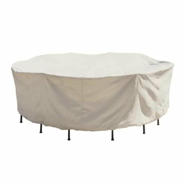 A beige protective cover with ties drapes over a 54 round table and chairs set, leaving only the furniture legs visible underneath.