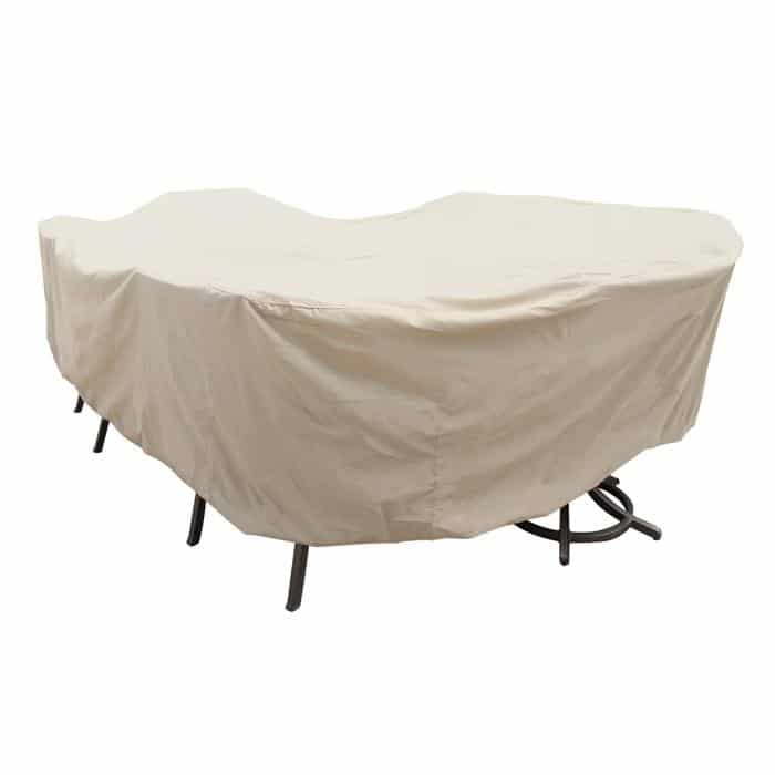 The X-Large Oval/Rectangle Table with Chairs with Ties cover in beige protects outdoor tables and chairs from dust and weather.