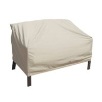 The Cover-Loveseat w/Elastic, in beige, fits snugly over your patio loveseat’s back and seat, protecting it from the elements while leaving the legs visible.