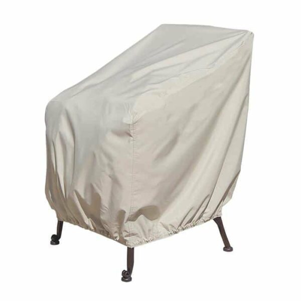 A beige protective cover is fitted over the Lounge Chair with elastic, shielding its four visible metal legs from dust and weather.