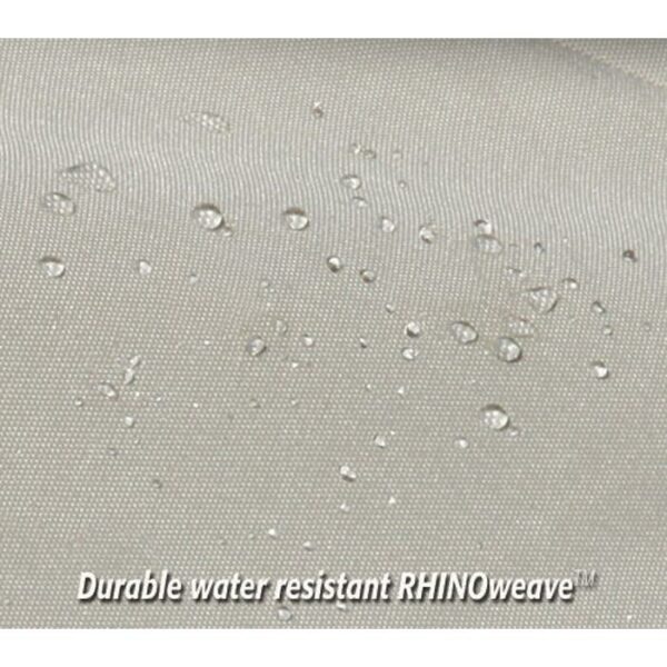 Close-up of water droplets on light gray fabric of the Lounge Chair with elastic, showing its water resistance. Text at bottom: Durable water resistant RHINOweave™.
