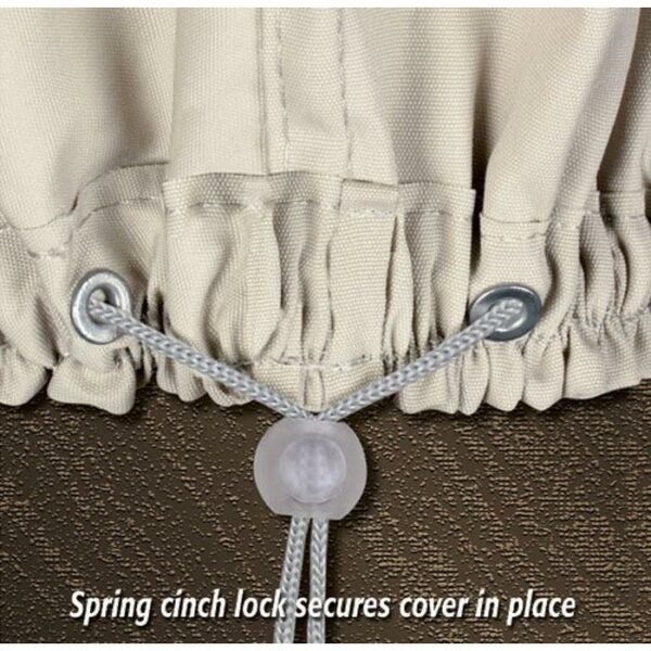 A beige fabric cover for the Lounge Chair with elastic, featuring a spring cinch lock and cord through metal grommets to keep it secure. Text: Spring cinch lock secures cover in place.