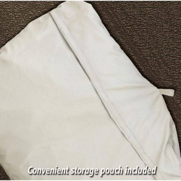 A white fabric pouch with a visible seam and small loop rests on a textured brown surface. Text at the bottom reads, Convenient storage pouch included with Lounge Chair with elastic.