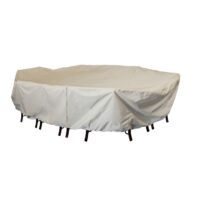 The Cover-70IN Square Table/Chairs, a beige protective cover, conceals a large outdoor table and multiple chairs, leaving only the legs visible beneath it. The background is plain white.