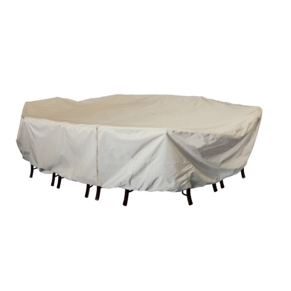 The Cover-70IN Square Table/Chairs, a beige protective cover, conceals a large outdoor table and multiple chairs, leaving only the legs visible beneath it. The background is plain white.