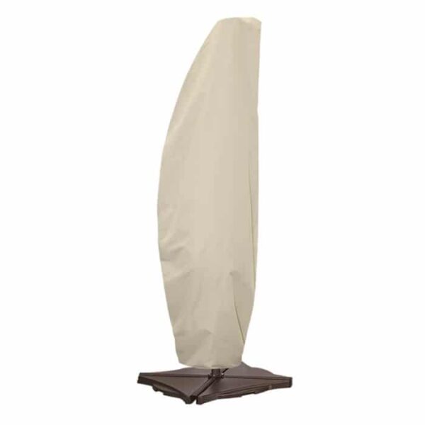 The Cover: AG3/Canti Umbrella 10FT in beige is draped over a closed patio umbrella, which stands upright on a dark cross-shaped base.