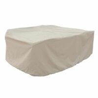 A medium beige oval/rectangle table & chairs cover with ties is draped over furniture, set against a plain white background.