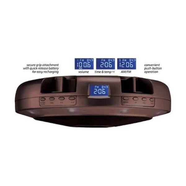 Underside view of the Serenata LED Umbrella Light with Stereo, featuring blue LED displays for time, temperature, and radio; labeled buttons for volume, AM/FM selection, and easy push-button operation.