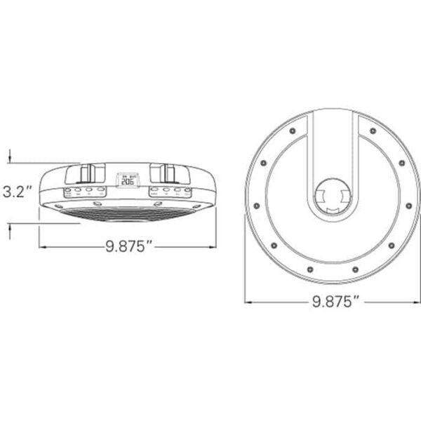 Technical drawing of the Serenata LED Umbrella Light with Stereo, shown in side and top views. Dimensions: 9.875-inch diameter, 3.2-inch height, with buttons and a display located on one side.