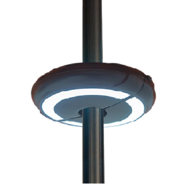 The Halo Light-Bronze, a circular donut-shaped LED streetlight, is mounted around a vertical pole with its bright white segmented ring standing out against a plain white background.