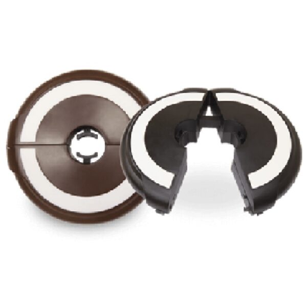Two circular brown and white Halo Light-Bronze objects, one whole and one split open to show the center hole, appear plastic and are displayed on a white background.