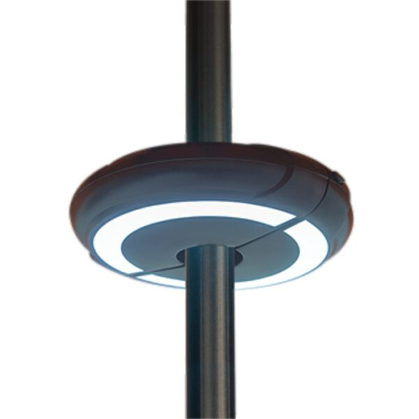 The Halo Light-Black is a modern circular LED streetlamp featuring a sleek black casing and glowing white ring lights, mounted on a vertical pole.