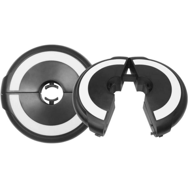 The Halo Light-Black features two black and white circular pieces: one fully closed, one split in half with an open center. Both have a white ring around the middle and work as protective guards for round devices.