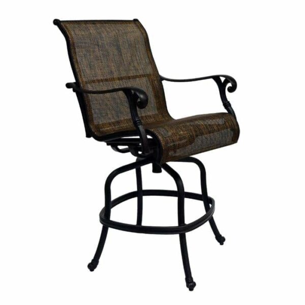 The Castle Rock Sling Barstool features brown mesh, a black metal frame, curved armrests, and a circular footrest, displayed on a white background.