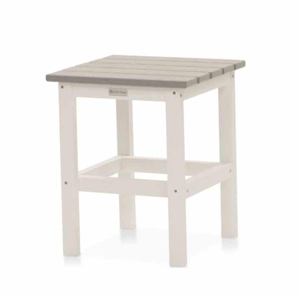 The Square Side Table White and Drift Grey 15in features a small square design with a gray slatted top, white legs, and a sturdy support bar connecting the base for added stability.