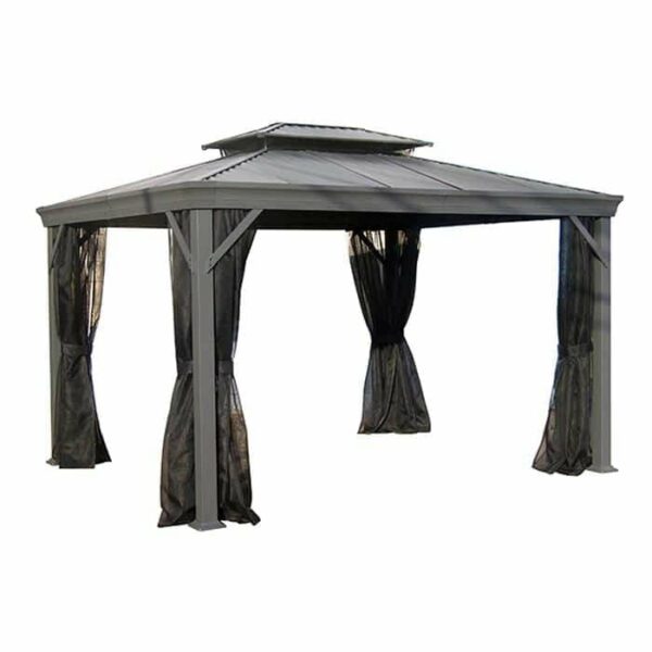 The 10 x 12 Maestrale Gazebo with Netting features a metal frame, double-tiered roof, four sturdy legs, and black mesh curtains tied at each corner to offer shade and shelter.