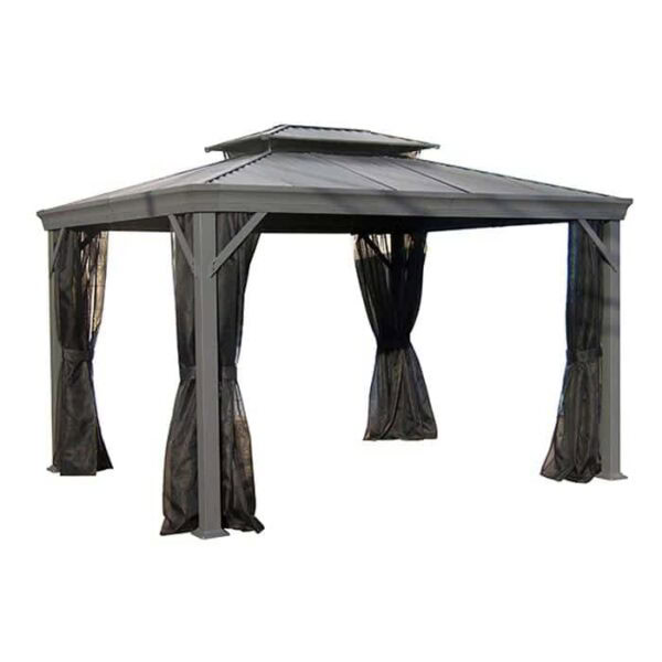 The Maestrale w/Mesh Net 12x16 is a dark gray outdoor gazebo with a metal roof and four sturdy legs, each featuring black mesh mosquito netting tied back at the corners.