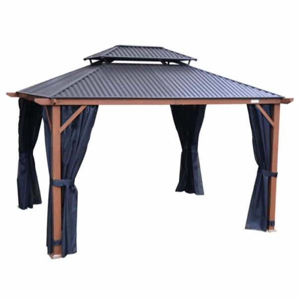 The 10 x 12 Cordoba Gazebo with Netting features a dark metal roof, wooden frame, and black curtains secured to each of the four corner posts.