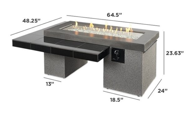 The Uptown Gas Firepit Table features glass crystal flames, a black tiled side extension, and measures 64.5”L x 48.25”W (side) x 24”H, with an 18.5” main base depth and a table height of 23.63”.