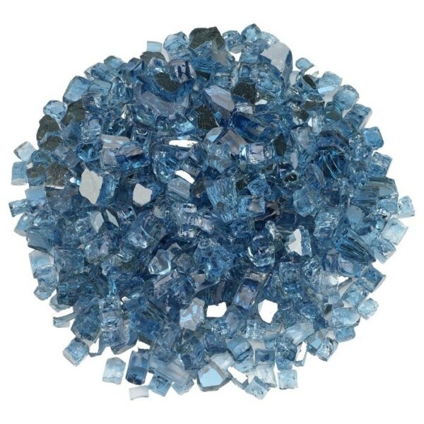A roughly circular mound of 1/2 Fierglass Pacific Blue glass crystals, totaling 10 lbs., is displayed on a white background. The translucent blue pieces are irregularly shaped and sparkle as they reflect light.