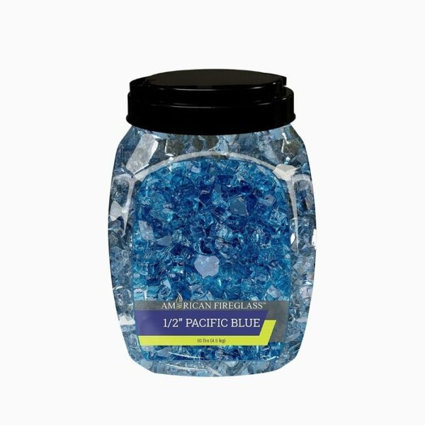 A clear plastic jar with a black lid holds 10 lbs of 1/2 Fierglass Pacific Blue fire glass.